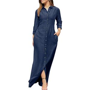 YMING Women Long Sleeve V Neck Dress Denim Button Down Maxi Dress Slouchy Shift Dresses with Pockets Denim Dark Blue XL