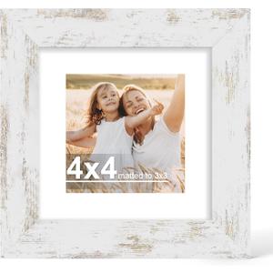 Hongkee 4x4 Picture Frame with Glass, Display Pictures 3x3 with Mat or 4 x 4 without Mat - Wall and Tabletop, 4 by 4 Photo Wooden Frames (Distressed White, 1 Pack)