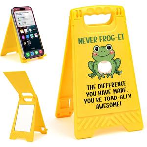 Funny Office Humorous Sarcastic Never Frog-Et Desk Sign Yellow Warning Style Table Decor Humor Gift for Coworkers Friends Home Office Tabletop Cubicle Phone Holder Mirror Stand