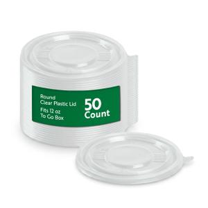 Restaurantware Plastic Lids for Containers 50 Pack Fits 12 oz To Go Boxes Clear Design Round Container Lids Sturdy Easy-Pull Tab Disposable Tight Fitting Covers for Takeaway Lunch Boxes
