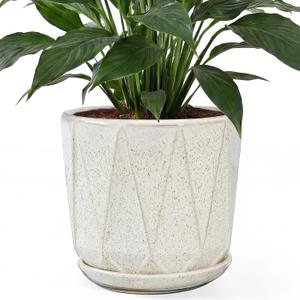 10 Inch Ceramic Plant Pot with Drainage Hole Mesh Net, Large Flower Pots for Indoor Plants with Saucer, Gardening Pots Outdoor (Silk White)