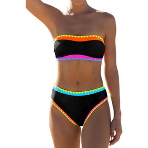 popvil Women's Strapless Bikini Sets Neon Color Block Bandeau Swimsuits Two Piece Bathing Suits for Beach Vacation 2025 (X-Large, Black1)
