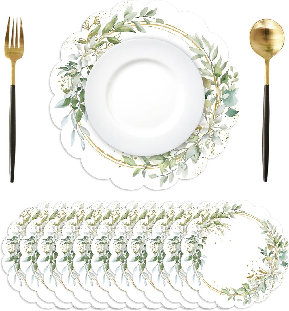 50Pcs Green Eucalyptus Leaves Round Paper Placemats,13.4 Inch Summer Wedding Round Table Mats Scalloped Disposable Placemats for Kitchen Dining Birthday Banquet Wedding Party Supplies