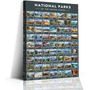 US National Parks Explorer's Guide Poster 63 Scenic Artworks Pop Chart Canvas Wall Art Prints Travel Bucket List Road Trip Adventure Checklist Gift for Travelers Framed 16 * 24inches