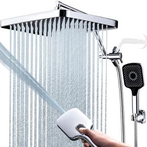 Shower Heads with Handheld Spray Combo, 13 Inches Rain Shower Head with 4 Mode Handheld Wand, and 13 Inches Adjustable Extension Arm, 3 Way Diverter Valve, Extra Long Hose (Chrome)