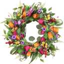 Sggvecsy Spring Summer Wreath for Front Door 22 Inch Artificial Tulips Wreath with Eucalyptus Leaves Lavender Ferns Colorful Silk Flowers Butterflies for Home Farmhouse Indoor Outdoor Wall Decor