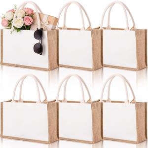 6 Pack Burlap Tote Bags, Reusable Jute Gift Bags with Handles, Water Resistant Beach Bag, 14.7" x 9.8" x 4.5" Canvas Grocery Shopping Bag for Bridesmaid, DIY, Shopping, Wedding, Christmas