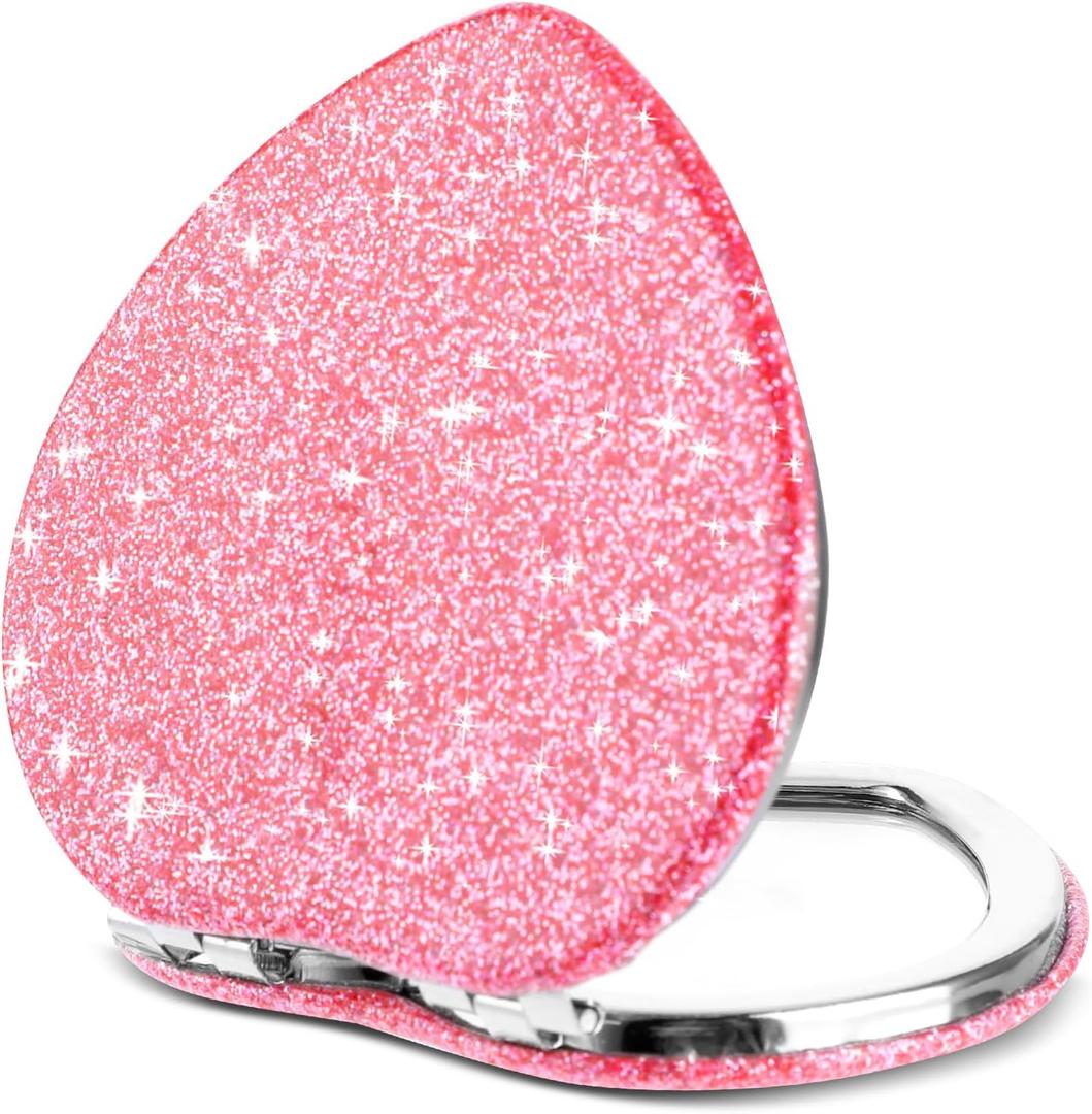 Compact Folding Mirror Heart Shaped Magnifying Mini Vanity Mirror Portable Travel Makeup Tools for Purse Double-Sided Cute Glitter Cosmetic ccessories (Pink-Silver)