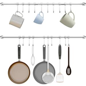 Audmore Kitchen Utensil Rack 2 Pack, 20.9 Inch Pots and Pans Hanging Rack Wall Mounted, 304 Stainless Steel Lid Cooking Utensil Hanger