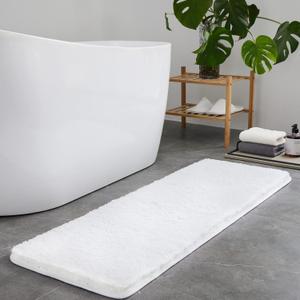 TECHMILLY Super Soft Shaggy Bathroom Runner Rugs, Absorbent Thick Non Slip Microfiber Bath Rugs, Quick Dry Machine Washable Bath Mat for Bathroom Floor, Bathtub and Shower 17"x47" (White)