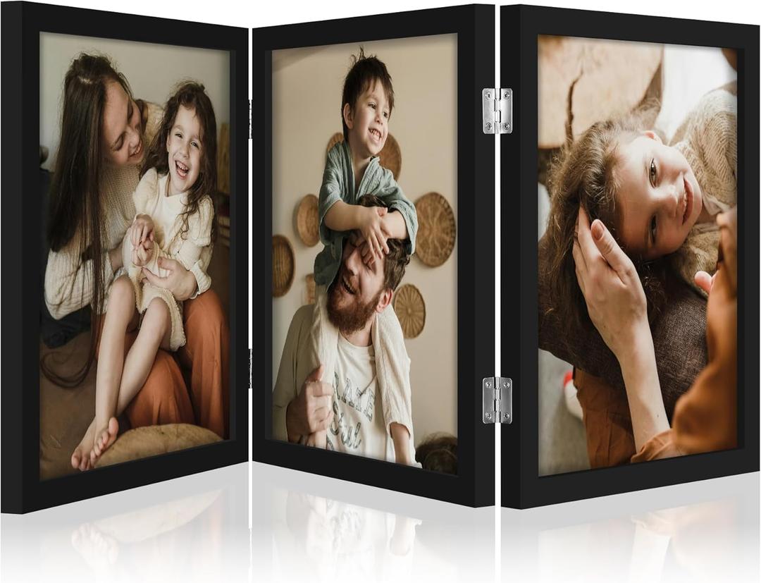 DecorUhome Triple 8X10 Picture Frame Vertical, Engineered Wood Trifold Photo Frame with Plexiglass for Tabletop Display, 8X10, Black