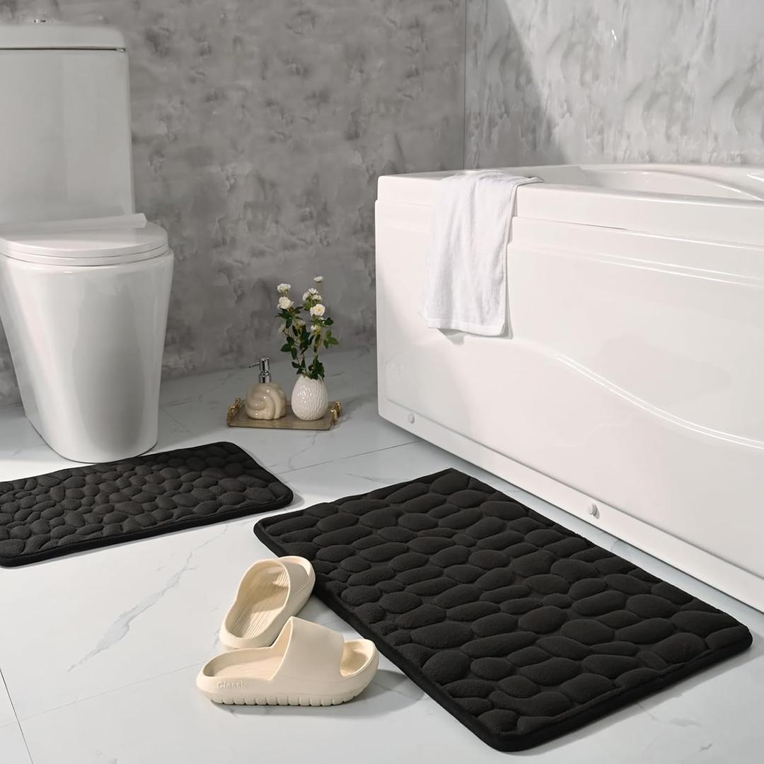 Bath Mat 2 Piece Memory Foam Cobblestone Bathroom Rug Set Soft Absorbent Anti-Slip Toilet Shower Bath Rugs Rectangular Floor Mat Area Rug (Black)