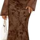 ZESICA Women's Long Sleeve Floral Bodycon Dress 2026 Spring Fall Ruched Mesh Wedding Guest Cocktail Party Maxi Dresses (Medium, Tie Dye Brown)