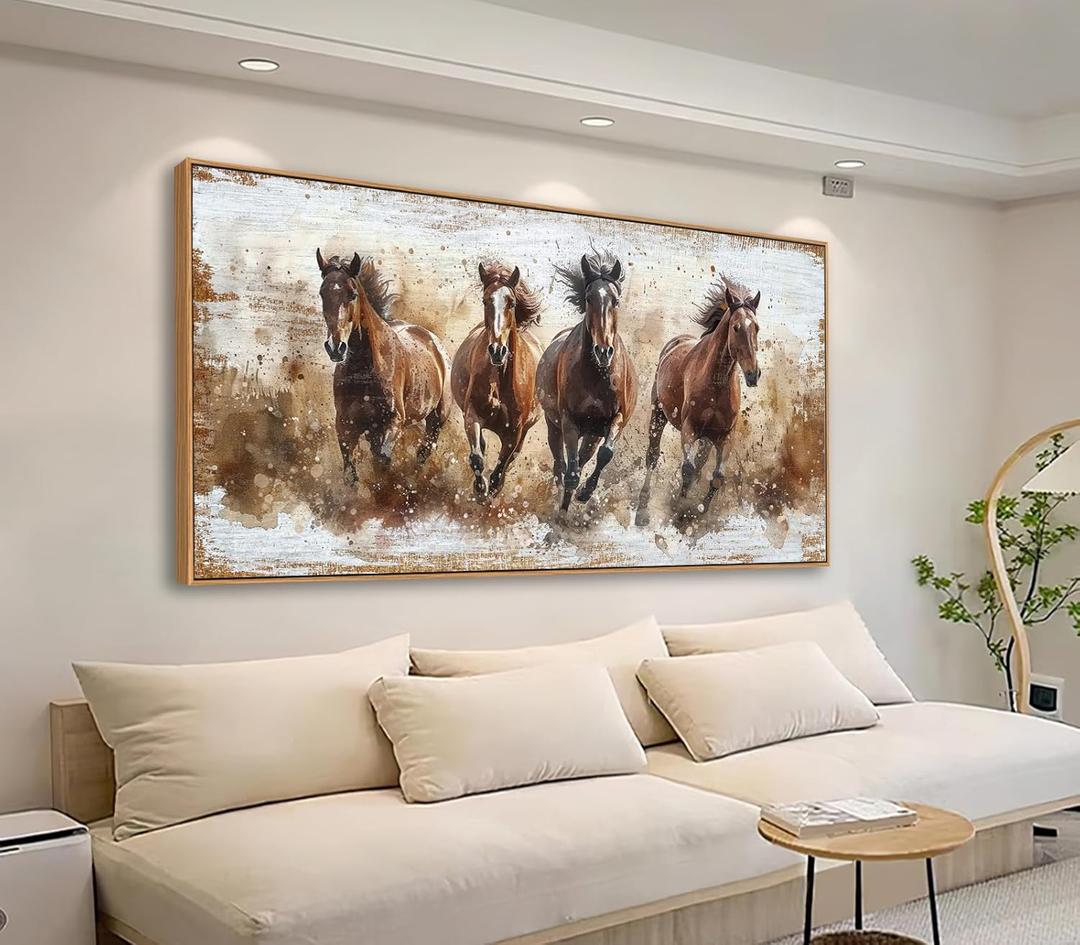 tigeridge Framed Horses Wall Art - Brown Horse Canvas Pictures Animal Wall Decor Running Horses Painting Prints Artwork for Living Room Bedroom Home Office Wall Decorations 20" x 40" Natural Frame