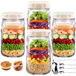 9PCS Salad Meal Prep Containers, 32oz Large Glass Salad Jars with Lids Meal Prep with 4 Forks, Leakproof Salad Container for Lunch with Separate Wet/Dry Dressing Cups for Home, Office and Outdoor
