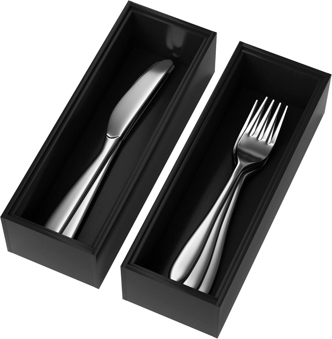 Premium Bamboo Kitchen Drawer Organizer - Set of 2, Stackable Utensils Holder, Storage Box Tray for Kitchen Drawers, Cabinet, Utensil, Silverware, Spatula, Flatware or Makeup, Vanity, Bathroom(Black) (9 x 3 x 2 Inch)
