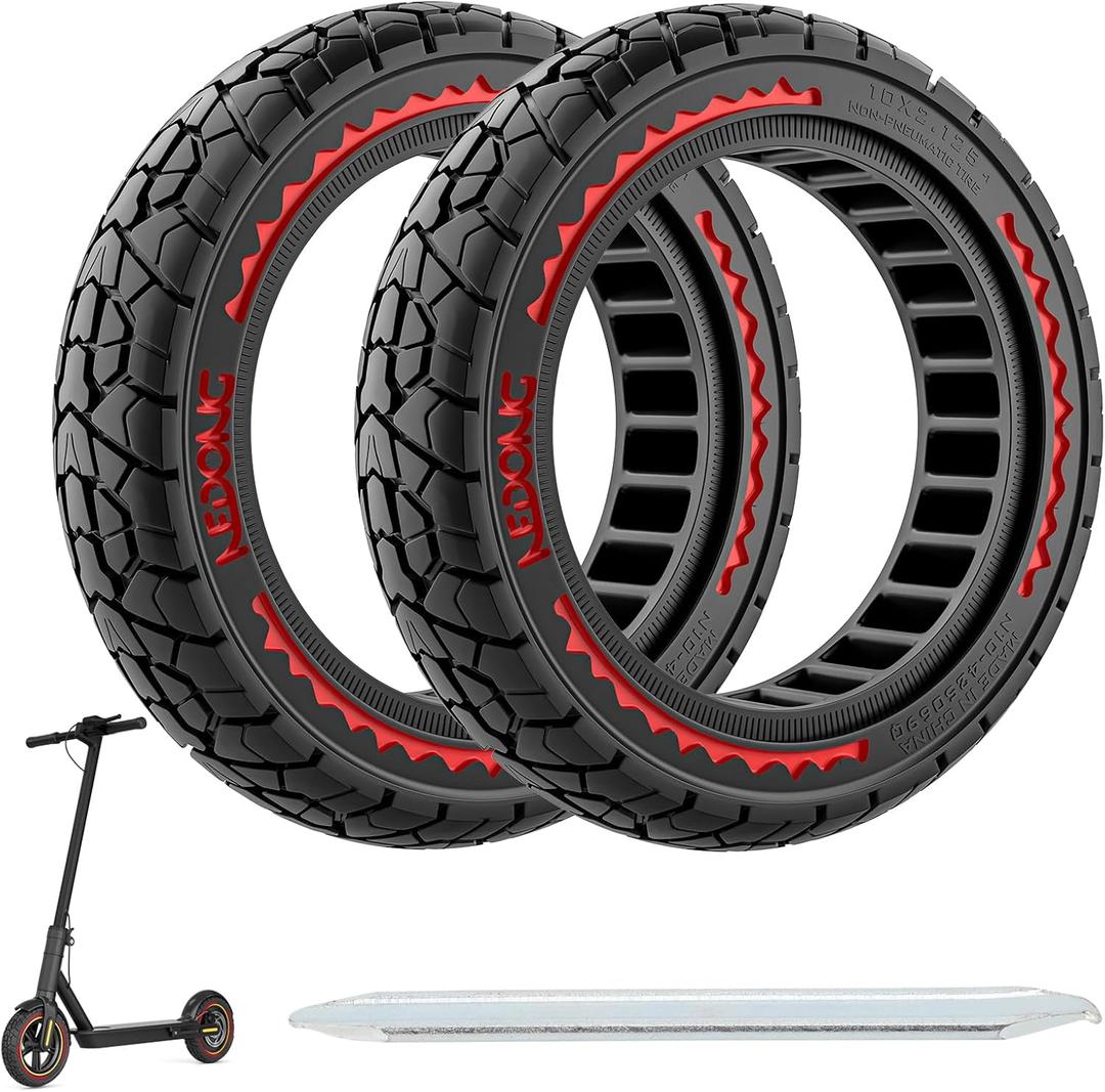 10X2.125 Off Road Tire for Electric Scooter Ninebot F20/F30/F40/F65, 10 inch Solid Rubber Tires for Front And Rear Solid Electric Scooter Tire Tubeless(Red 2pcs)