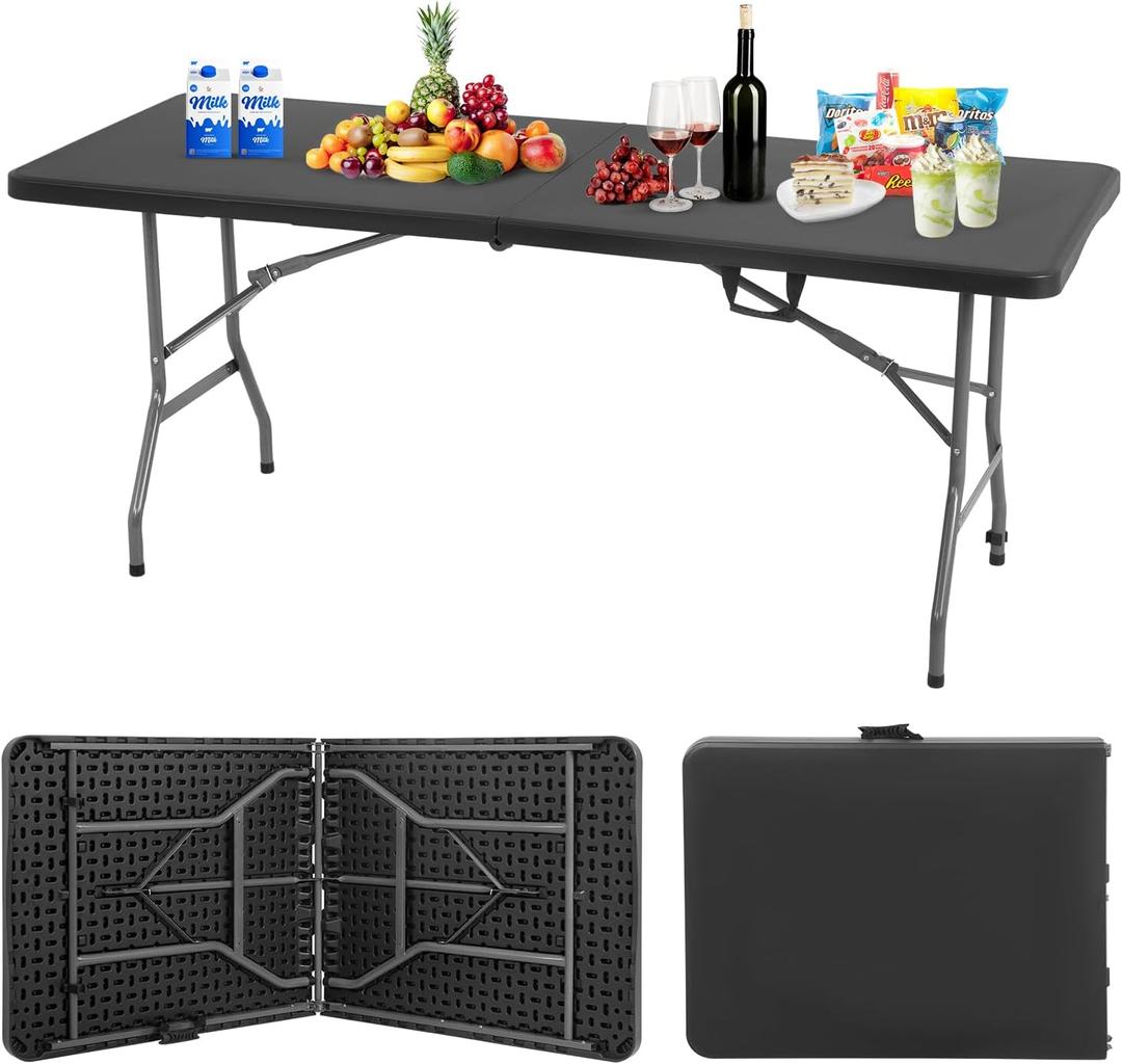 BestOffice Outdoor 6 FT Folding Camping Table Plastic Table Portable Square Height Dining Table Perfect for Picnics, Parties, Party and Camping, Black