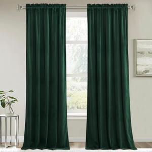 RYB HOME Velvet Curtains 102 inches for Bedroom, Rod Pocket Soft Fabric Curtains & Drapes for Living Room, Sliding Glass Door, Hunter Green, W 52 x L 102, 2 Panels Set
