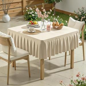 Natural Square Tablecloth - 48x48 Inch Stretchy Fitted Tablecloths for Square Tables with Ruffle Pleated Table Skirt Wrinkle-Free Spandex Table Cover for Dining, Kitchen, Banquet & Party Decor