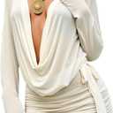 MakeMeChic Women's Mesh Club Dress Long Sleeve Cowl Neck Mini Dress Draped Swimsuit Coverup Apricot Small