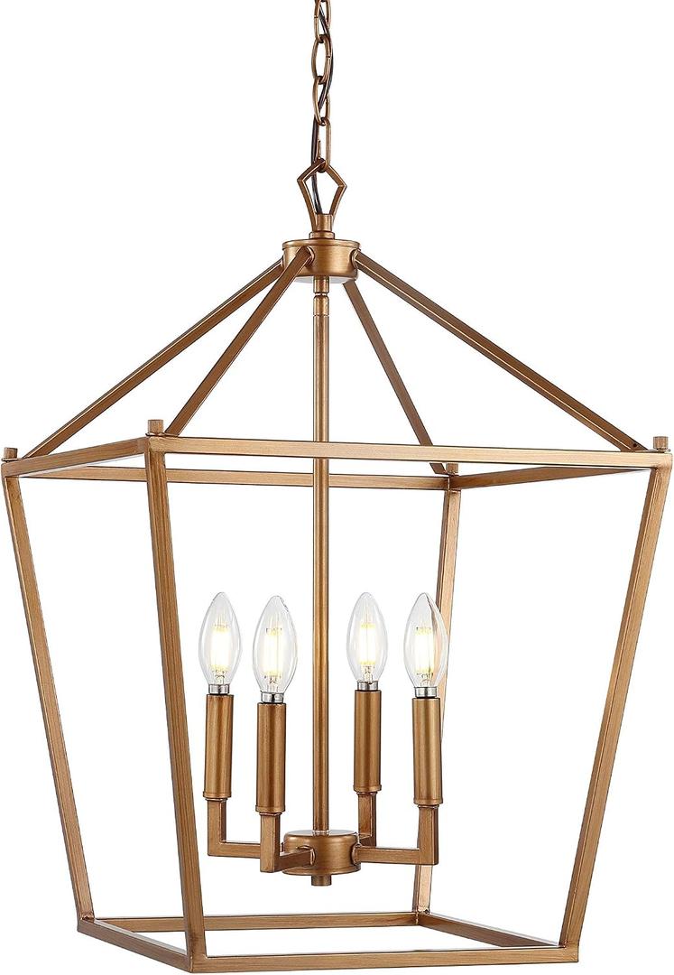 JONATHAN Y 16" Antique Gold Lantern Pendant Light, 4-Light Pagoda Style Metal Cage Farmhouse Hanging Ceiling Fixture for Kitchen Island, LED Bulb Included (JYL7437B)