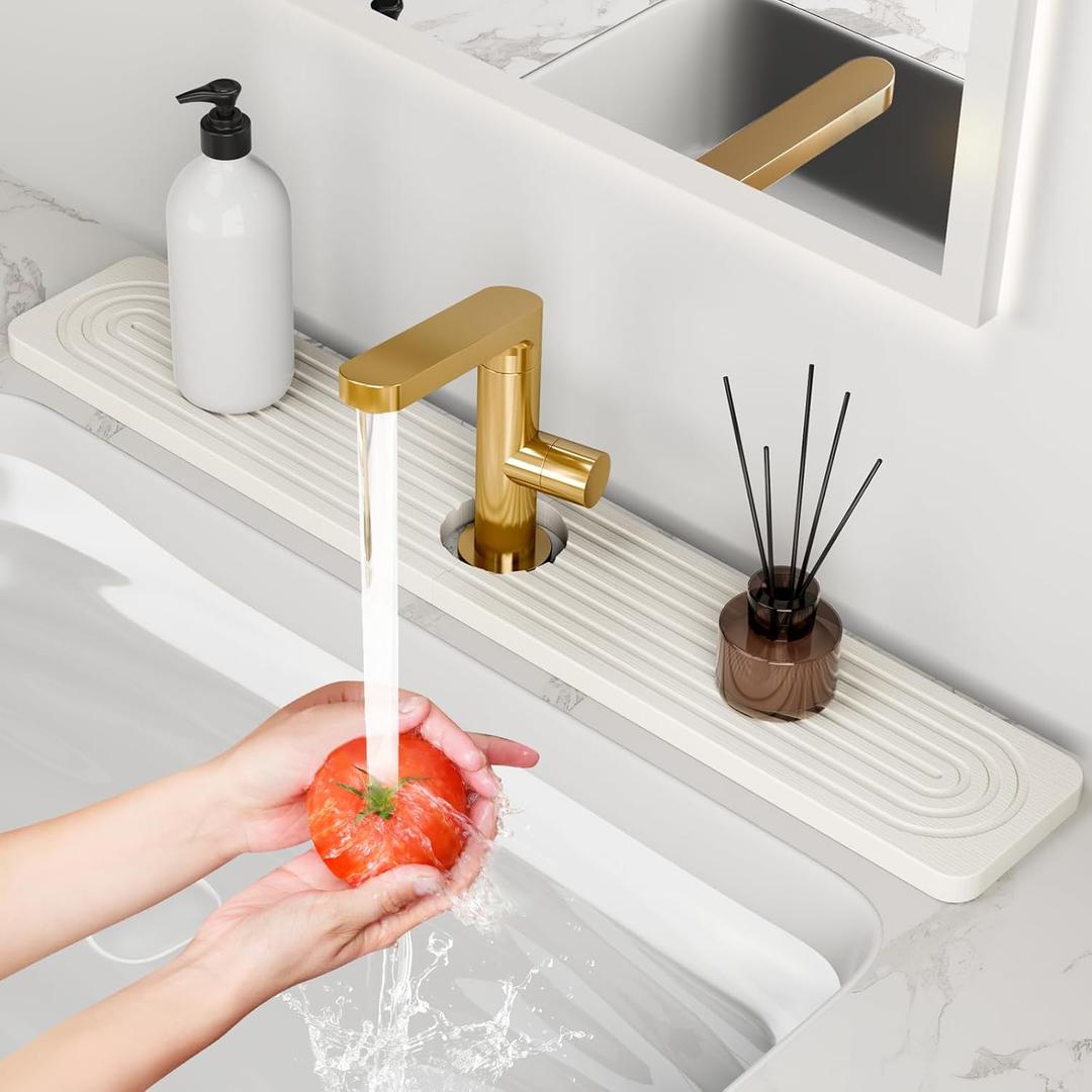 24'' Longer Faucet Mat for Kitchen Sink [Diatomite Stone Super Fast Drying] Stone Faucet Mat for Kitchen Sink Splash Guard Sink Stone Quick Dry around Faucet Stone Drying Mat Bathroom Quick Drying Mat (23.7" x 4", White)