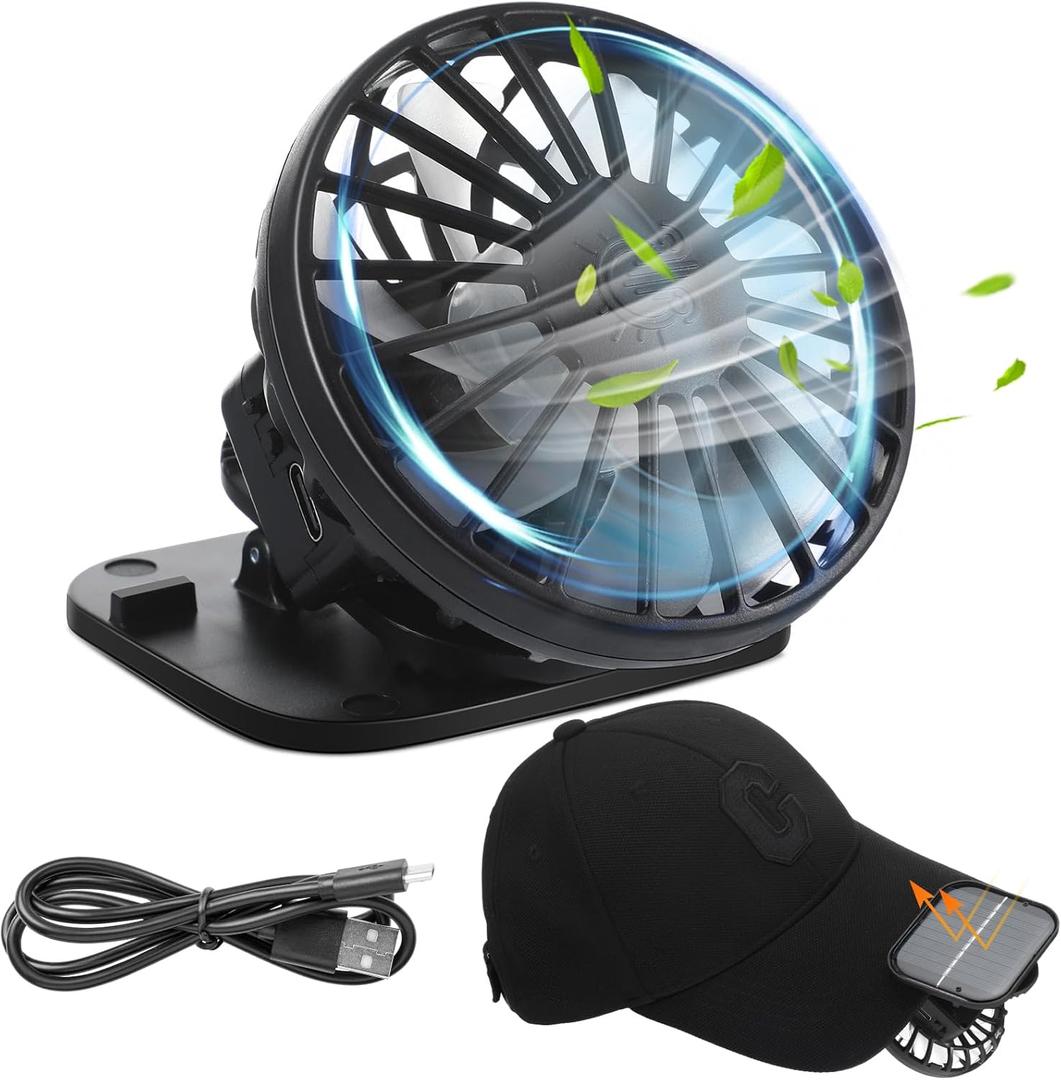 Retisee Solar Clip on Fan for Hat, Handsfree Cooling Fan Portable Cap Solar and USB Charging Suitable for Most Peaked Cap Bucket Hat Outdoor Fishing Travel Hiking