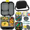 Itslife Bento Lunch Box Set for Kids with 12oz Soup Thermo&Lunch Bag, Leak-Proof Lunch Food Containers for Kids School, 5 Compartment, Sauce Cup, 10 Notes (Dinosaurs Black)
