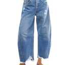 Allimy Womens Jeans High Waisted Rise Ripped Baggy Loose Fit Ankle Barrel Y2K Boyfriend Horseshoe Raw Hem Wide Leg Jeans for Women Trendy 2026 Denim Capri Pants Blue Size 2