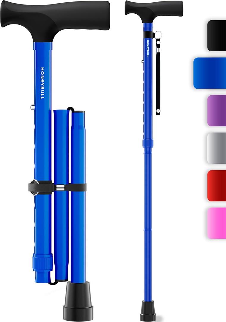 HONEYBULL Walking Cane for Men & Women - Foldable, Adjustable, Collapsible, Bumper Base Tip, Heavy Duty, Walking Sticks for Seniors & Adults (Blue)