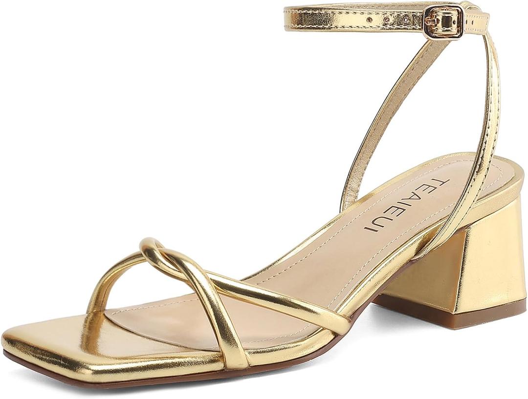 TEAIEUI Chunky Heels for Women, Square Toe Strappy Heeled Sandals, 2 Inch | Adjustable Ankle Strap Shoes, Comfortable Low Block Heel Shoes for Daily Wear, Dress, Party, Prom, Cocktail, Gold, Size 6.5