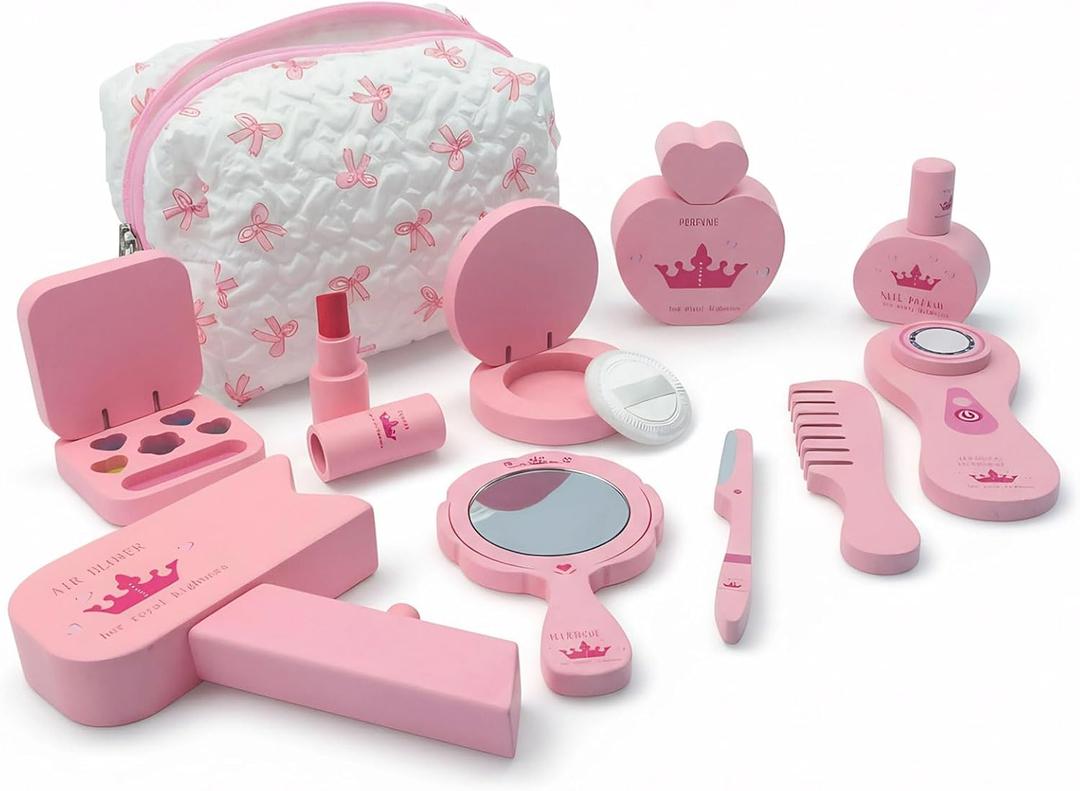 Wooden Makeup Toy Set Pretend Wood Beauty Realistic Toy Beauty Set for Toddler with Eyeshadow/ Mascara/ Perfume/ Blush/ Mirror/ Bag, Birthday Gifts for Girls Toys (Color 1)