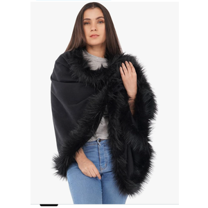 Faux Fur Trim Shawl/Wool Blend Shawl with/Oversize Wrap Woollen