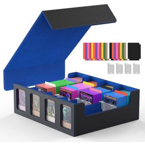 Miroddi Trading Card Storage Box, 3000+ MTG Deck Box, Commander Card Deck Case with Removable Cover, 4-Row Trading Card Case Fit for MTG TCG, YugiOh, 24 Colorful Dividers, 4 Stoppers, Black Blue