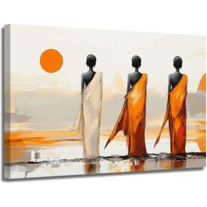 XLMDYYSW African Women Wall Art African Ethnic Tribal Pictures Traditional Black Girl Canvas Print Orange Sunset Lady Painting for Bedroom Office Decor Framed (Orange, 16L x 24W)