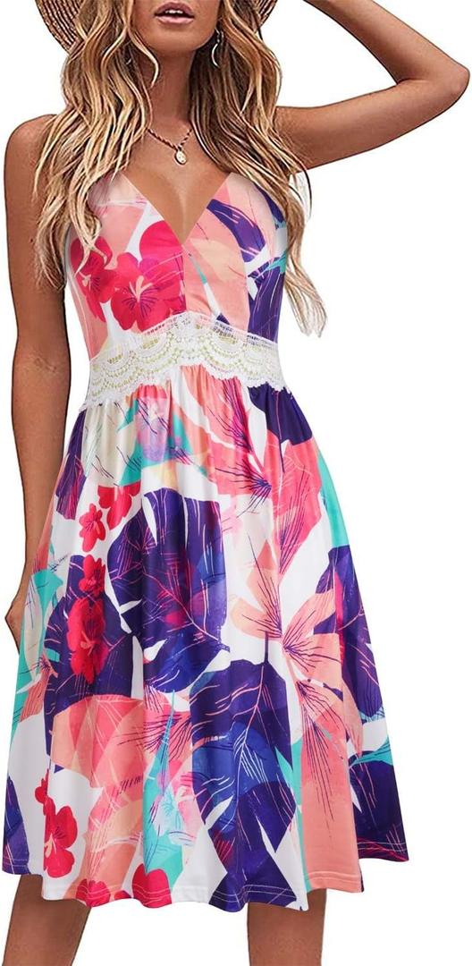 LAISHEN Women's 2024 Summer Casual Sundress V Neck Spaghetti Strap Lace Floral Beach Vacation Midi Dress (L)