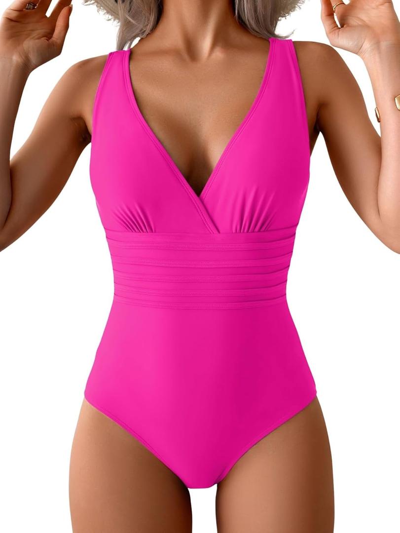 Eomenie One Piece Swimsuit for Women Tummy Control Slimming Bathing Suit Wide Straps V Neck Swim Suit Cross Back Swimwear (Pink)
