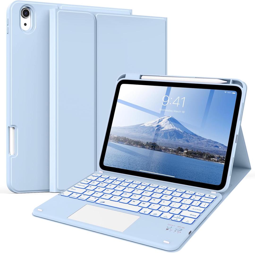 kenke for iPad 11/10th Gen Case with Keyboard 11/10.9 inch 2025 A16/2022, Detachable Wireless Bluetooth with Right Side Pencil Holder, Multi-Touch Trackpad Backlit Square Gray Keycaps (Blue