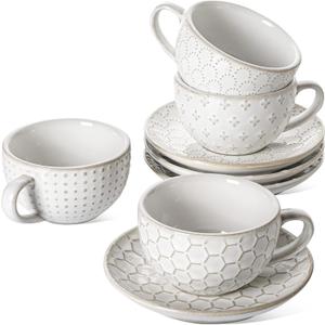 LE TAUCI Cappuccino Cups with Saucers - 6 oz Ceramic Coffee Cup and Saucer Set for Latte, Cafe Au Lait, Flat White, Mocha, Tea, Dishwasher & Microwave Safe, Set of 4, Embossed, White