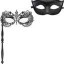 Thmyo Couple Masquerade Masks Set with Holding Stick, Venetian Handheld Party Mask for Women and Men Party Costumes Accessory