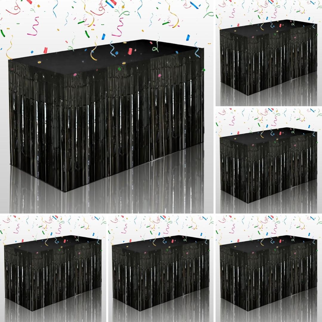 Black Streamers Party Decorations, 6 Packs Black Table Skirts Metallic Foil Fringe Tinsel for Graduation Birthday Wednesday Twilight Wizard Float Parade Halloween Party Supplies - 29x108 Inch