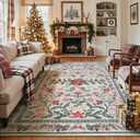 Wonnitar Christmas Rug for Living Room, Christmas Home Decor 8x10 Washable Rug, Ultra-Thin Soft Holiday Floral Print Non Slip Winter Indoor Carpet for Bedroom Kids Room Xmas Dining Room (White/Multi Color)