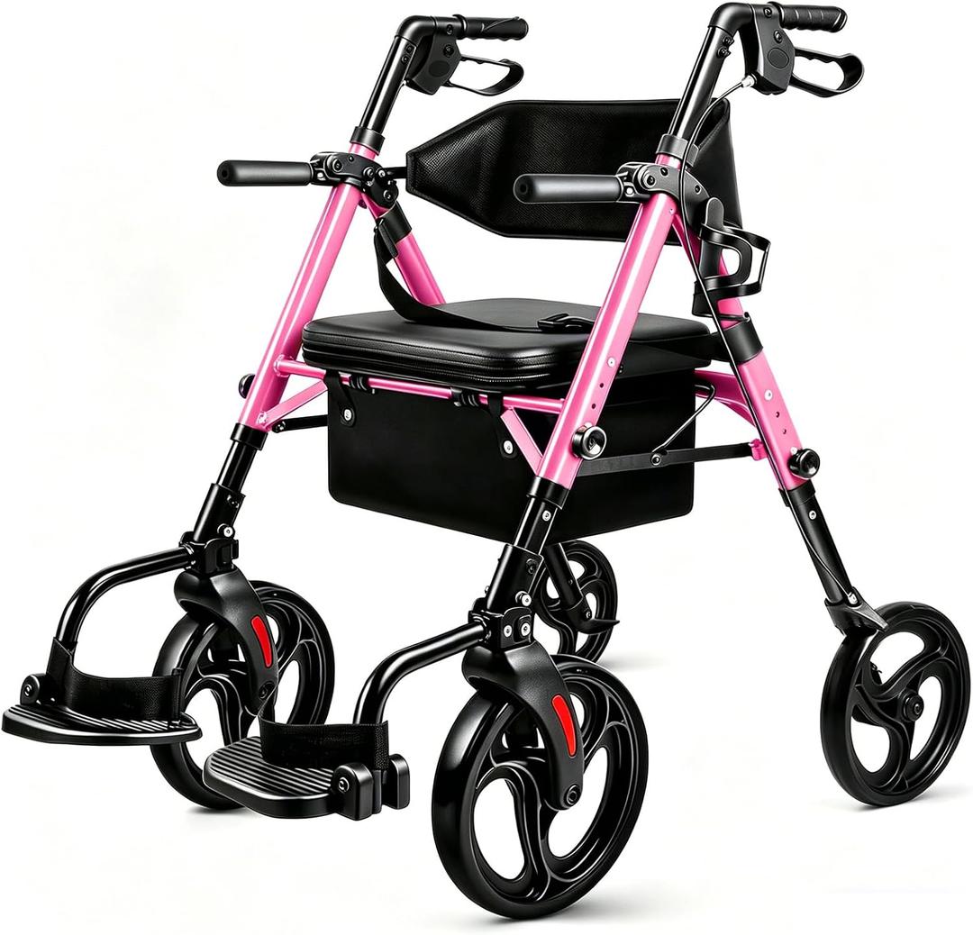 Foldable 2-in-1 Rollator Walker for Seniors with Seat, Lightweight Transport Wheelchair Combo 300 lbs Capacity, All-Terrain Tires, Anti-Tip Brakes, Adjustable Height 33.5"-40"