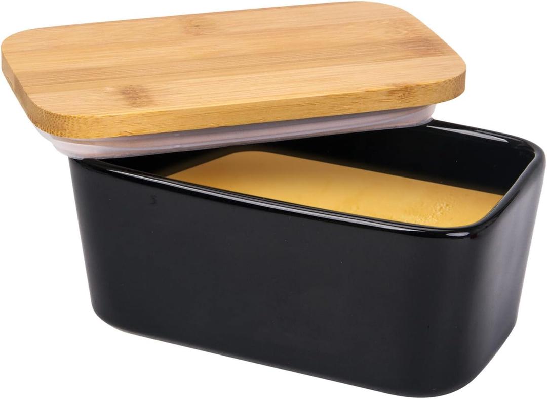 Butter Dish with Lid, Porcelain Keeper with Wood Lid Cover for Butter, Microwave Safe Easy Clean Butter Storage Container for Countertop and Refrigerator (Black 10oz)