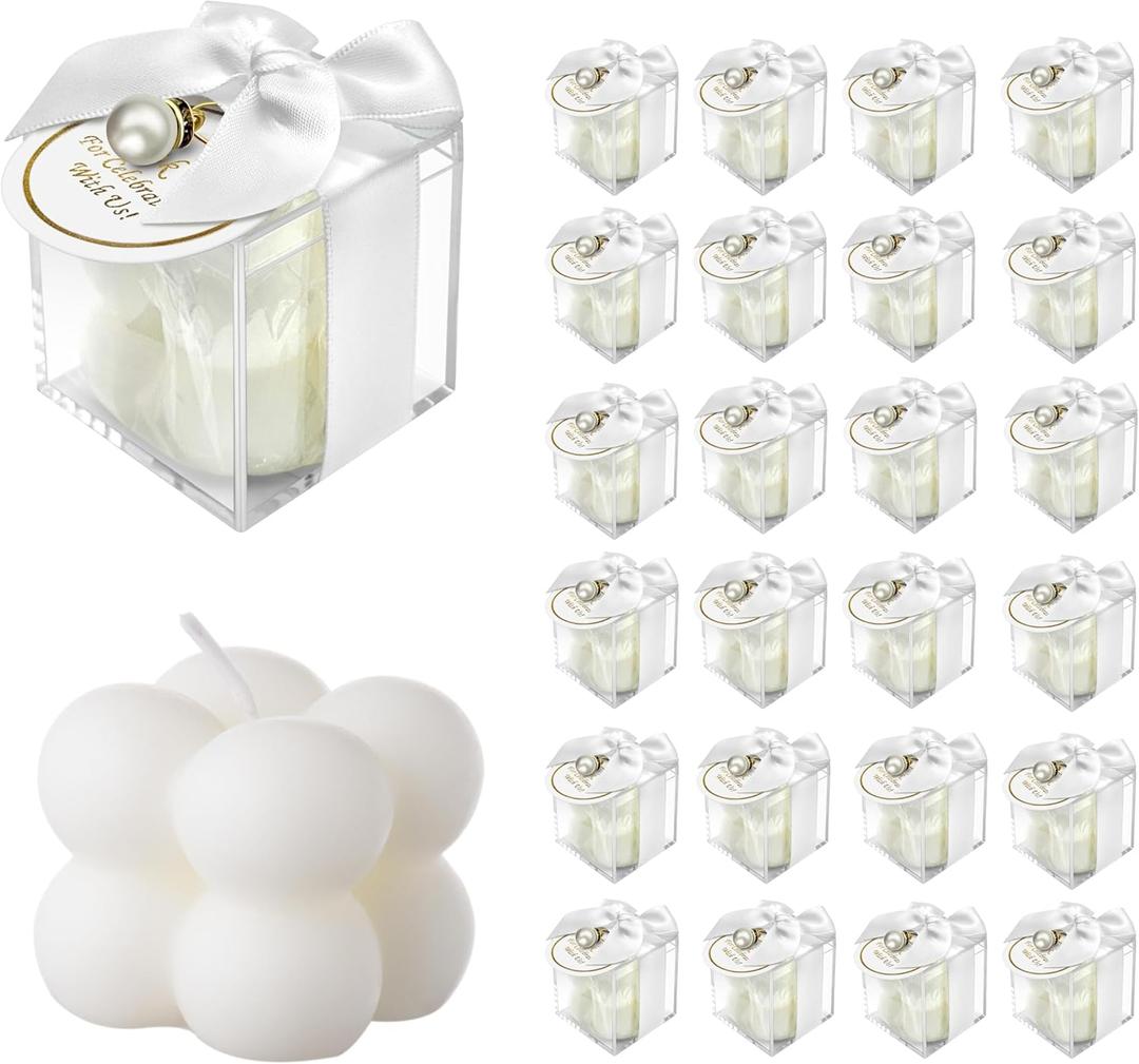 ACITHGL 30 Sets Fully Assembled Small Bubble Candle Party Favors for Guests Bulk Bridal Showers Favors Candles with Stylish Ribbons Thank You Cards Gifts (White)