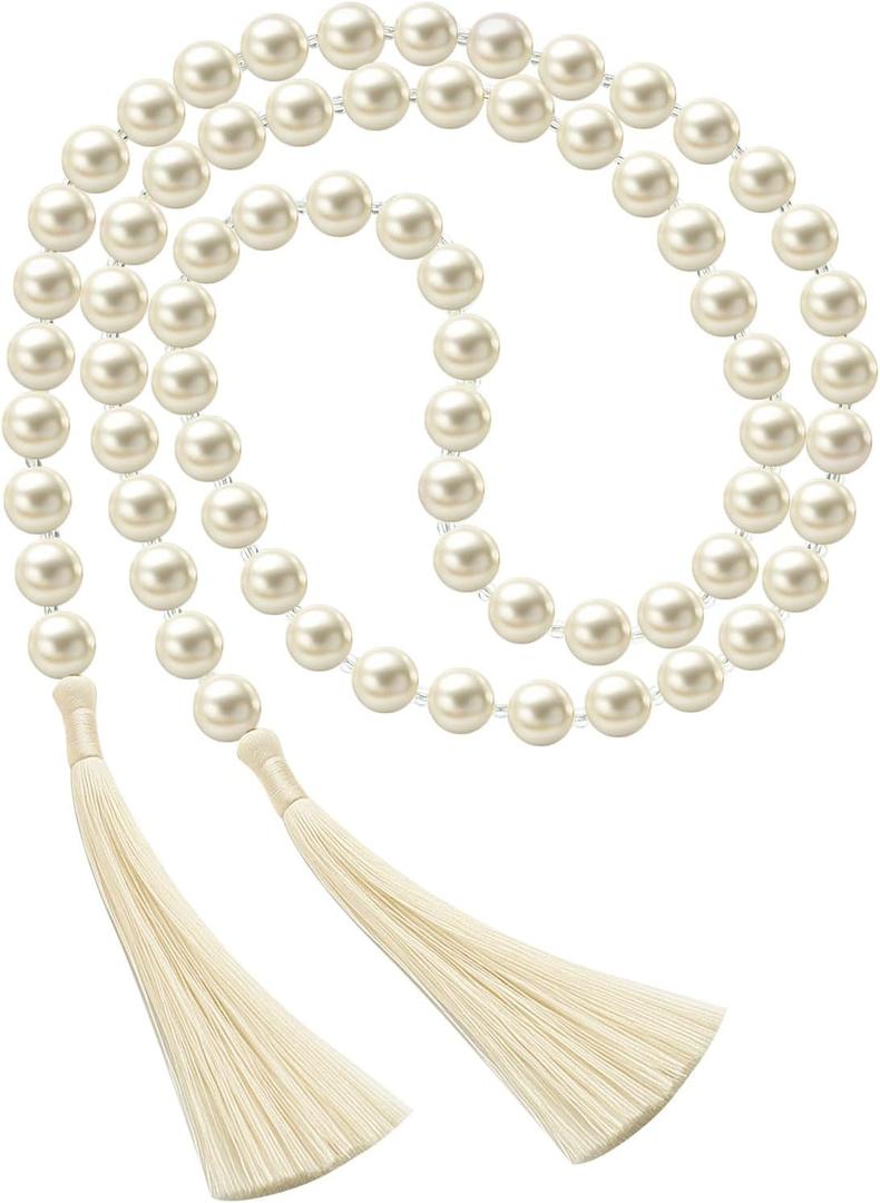 Quelay 58 Inch Pearl Glass Bead Garland 16mm with Tassels Elegant Boho Wedding Table Decor Healing Bead Prayer Fringe Wall Shelf Hanging for Wedding Party Farmhouse Rustic Home Decoration(Beige)