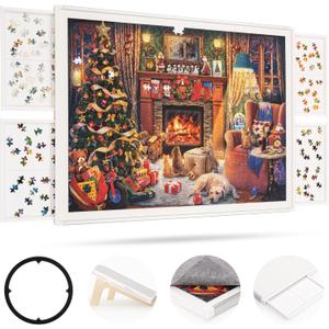 ropoda 1500 Pieces 35"x26"Double-Sided Rotating Plastic Puzzle Board with Drawers and Cover, Portable Jigsaw Puzzle Board,Tilting Puzzle Board,Lazy Susan Spinning Puzzle Boards，Puzzle Table(White)