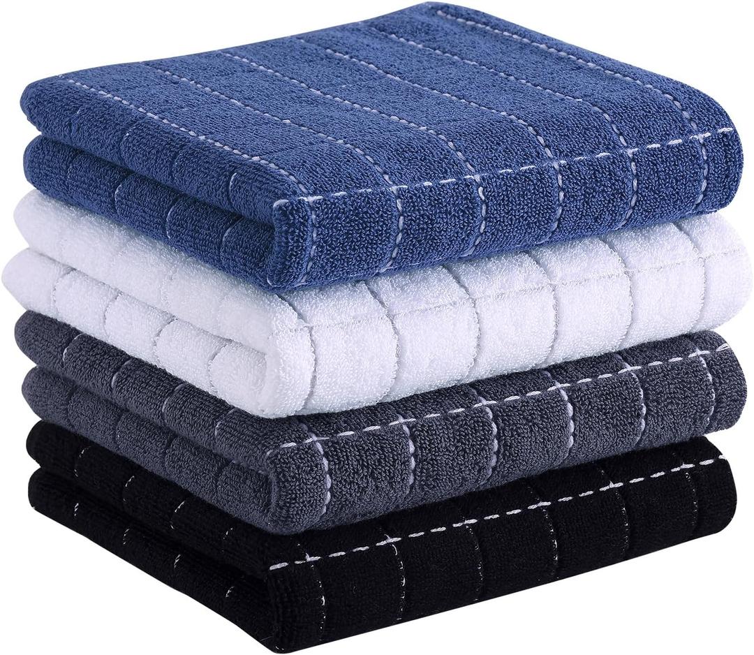 Homaxy 100% Cotton Terry Kitchen Towels(Multiple Color, 13 x 28 inches), Checkered Designed, Soft and Super Absorbent Dish Towels, 4 Pack (Navy+White+Grey+Black)