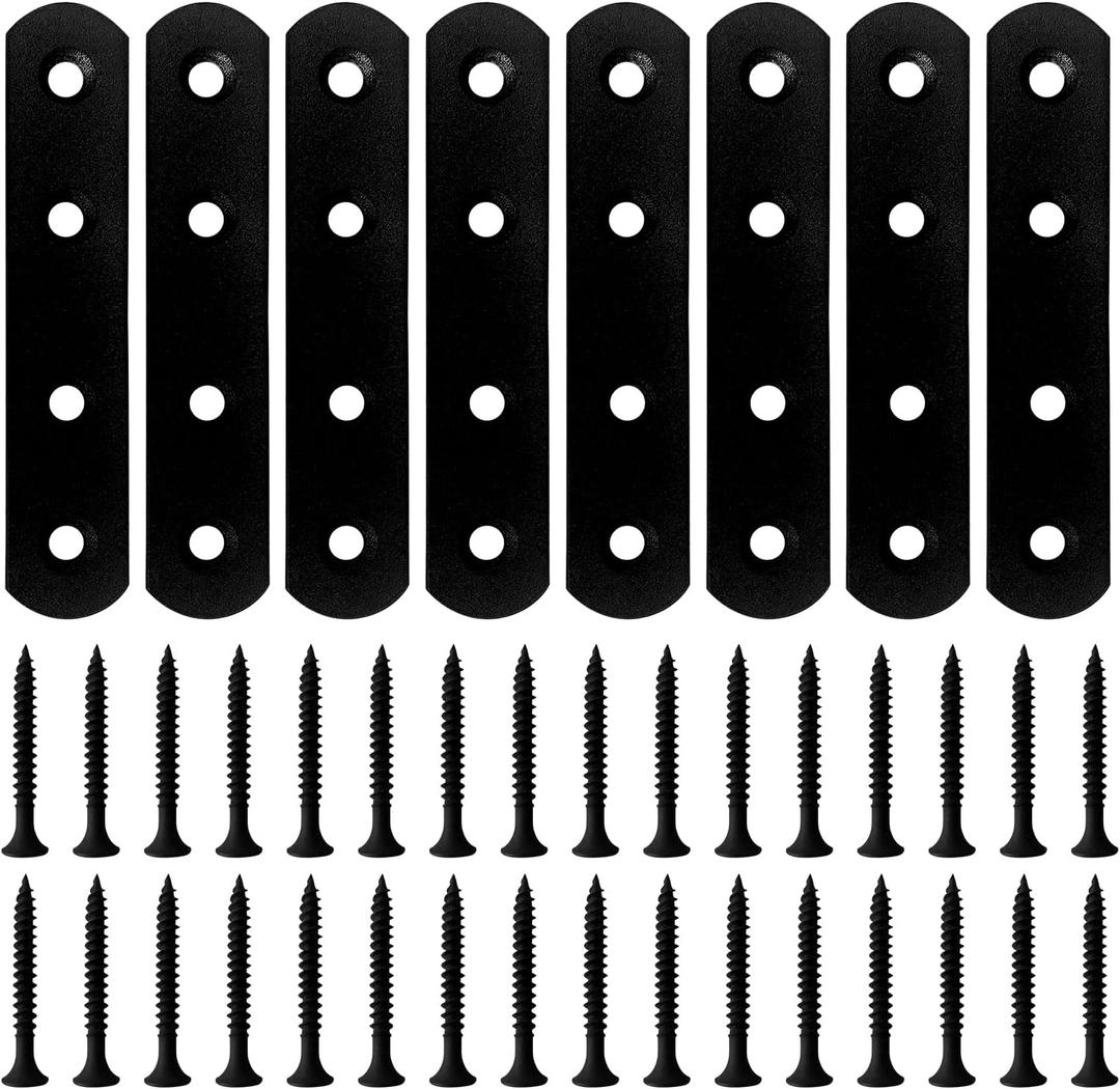 8PCS 3.80 x 0.75 Black Straight Flat Brace, Stainless Steel Sturdy Bracket, Metal Strap for Wood Furniture Chair with 32PCS Screws